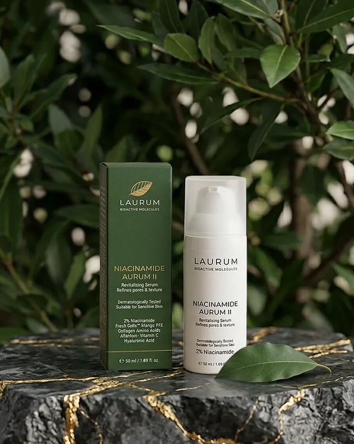 NIACINAMIDE AURUM II de LAURUM: estuche verde y envase blanco sobre una piedra con vetas doradas, entre hojas de laurel